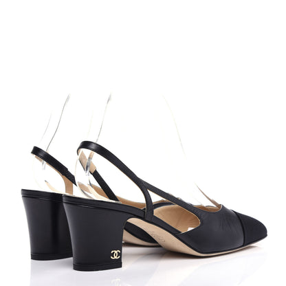 Chanel Goatskin Grosgrain Cap Toe CC Slingback Sandals 38.5 Black 4 of 11