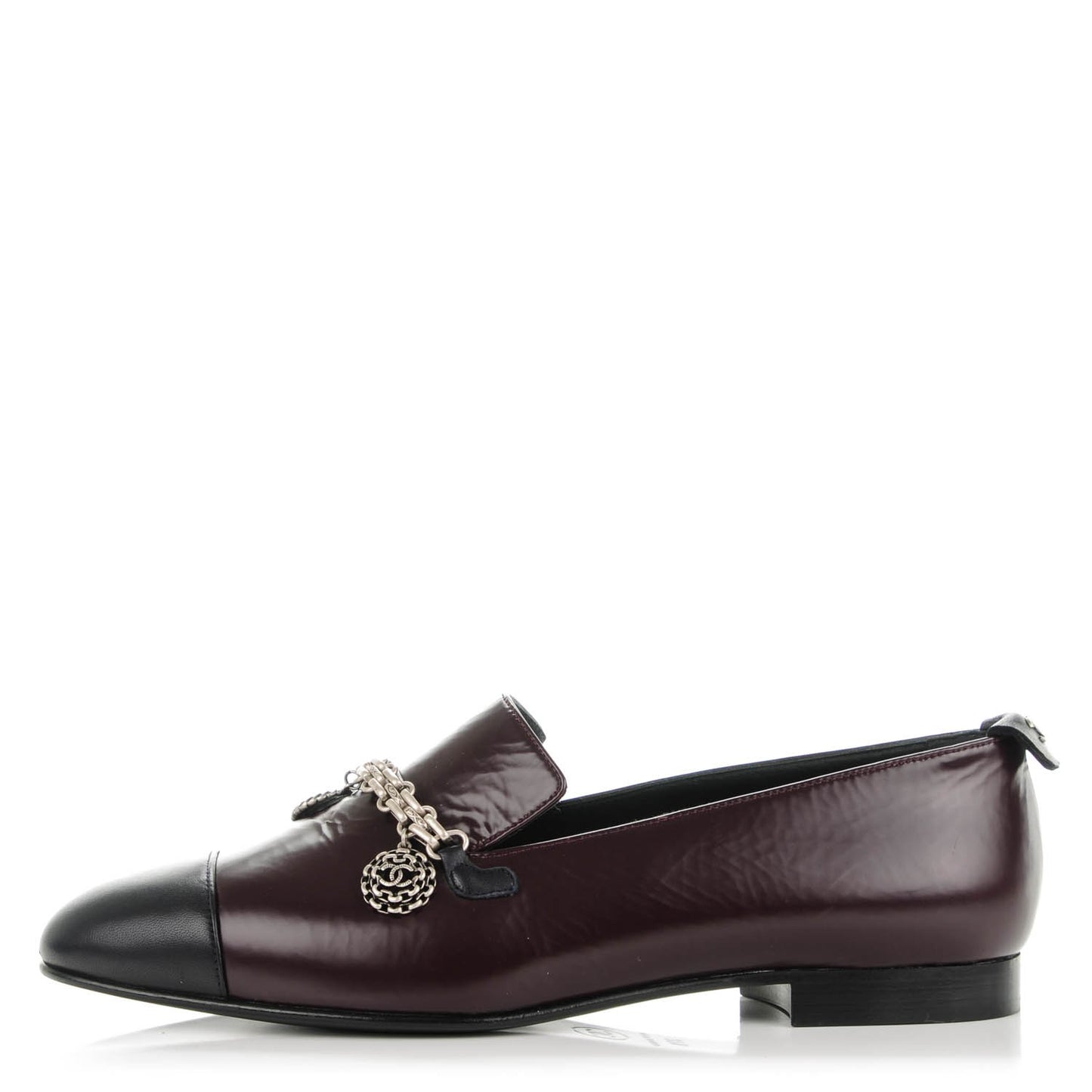 Crackled Goatskin Lambskin Cap Toe CC Charm Loafers 37.5 Dark Burgundy Navy