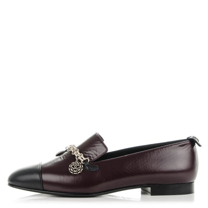 Chanel Crackled Goatskin Lambskin Cap Toe CC Charm Loafers 37.5 Dark Burgundy Navy 1 of 8