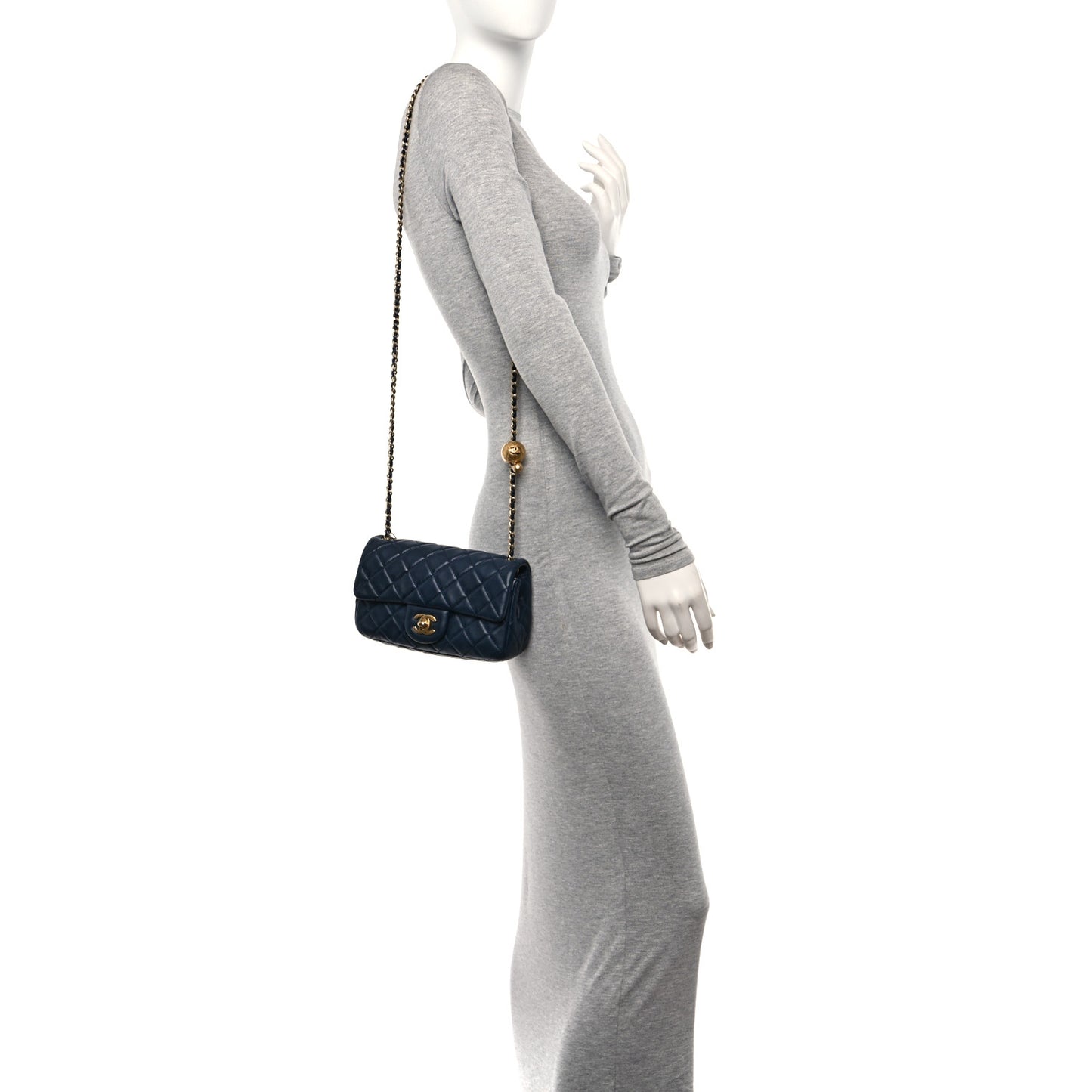 Lambskin Quilted Mini Pearl Crush Rectangular Flap Navy Blue