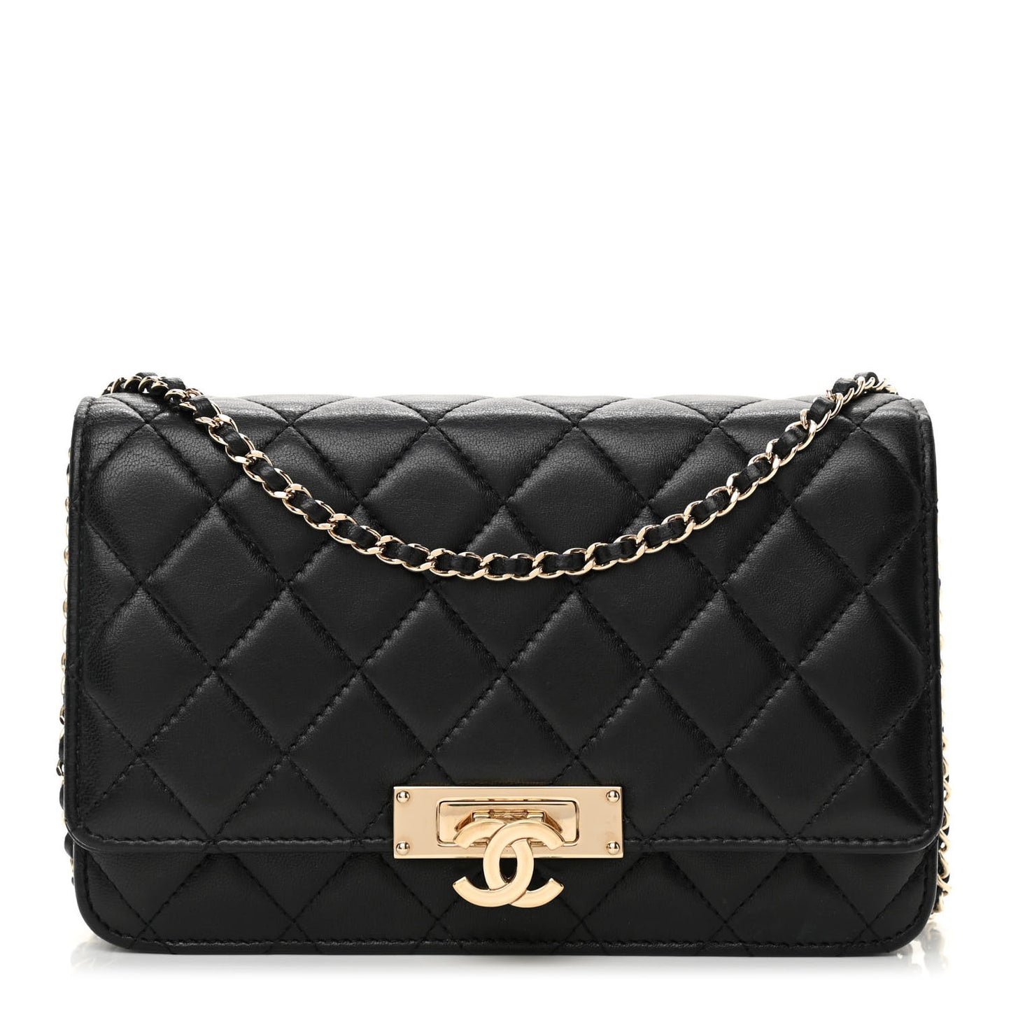 Lambskin Quilted Golden Class Wallet On Chain WOC Black