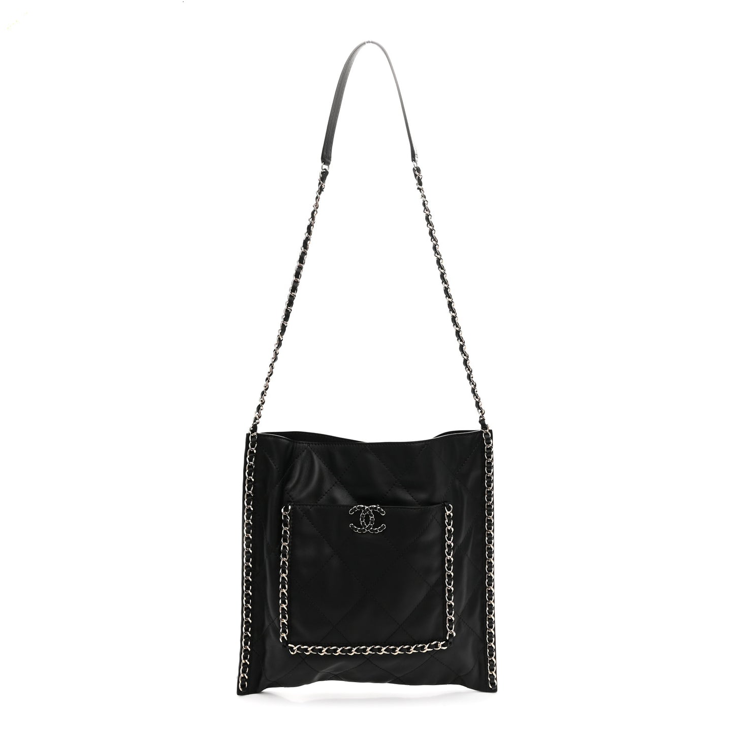 Calfskin Quilted Chain Flat Tote Black