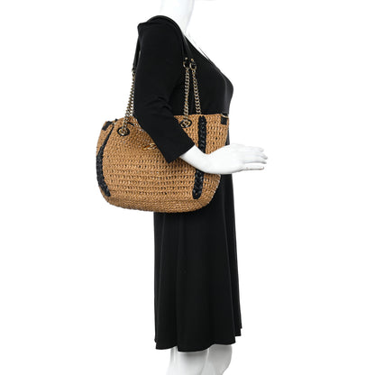 Gucci Raffia Effect Medium GG Marmont Shoulder Tote Bag Natural Black 2 of 8