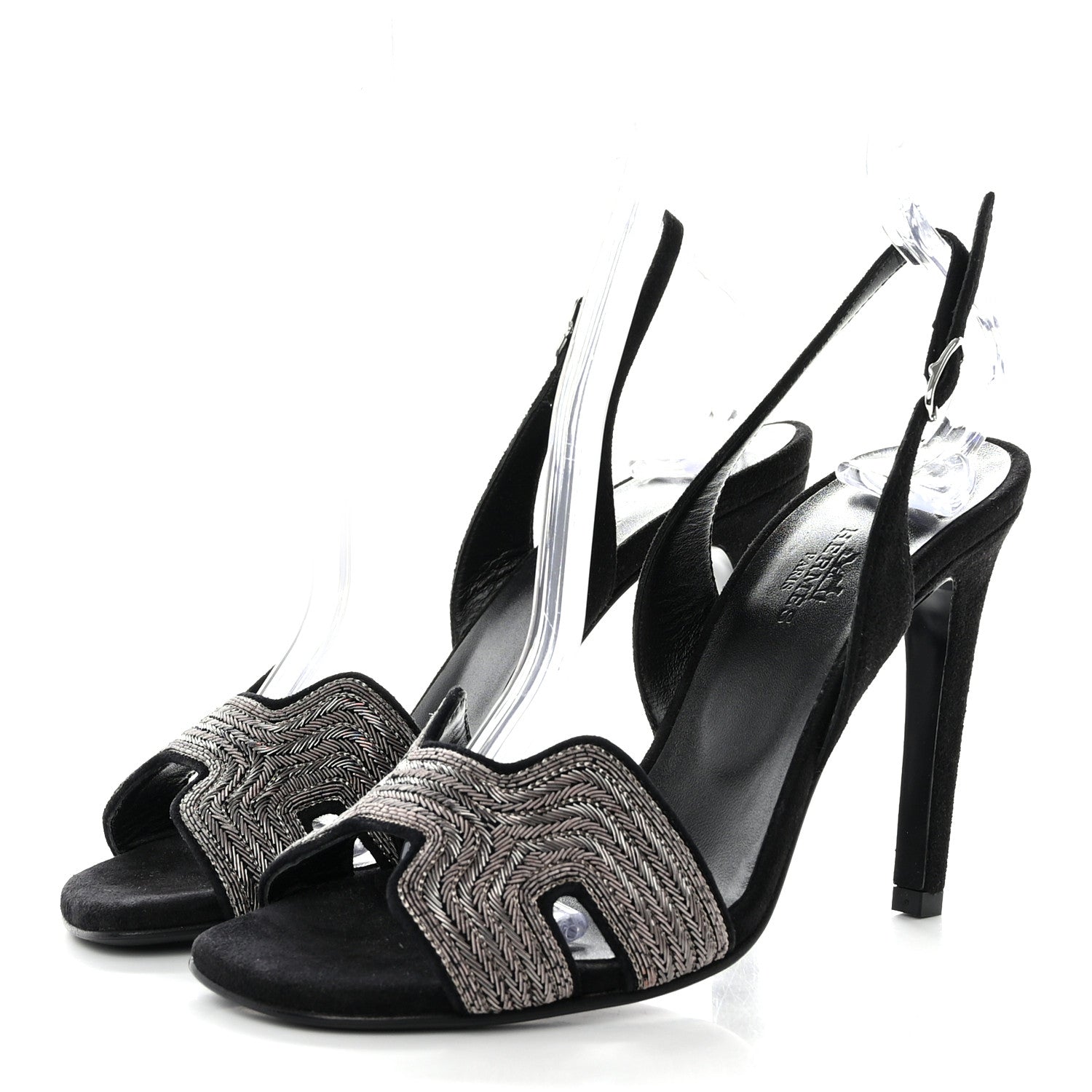 Hermes Suede Goatskin Dabka Embroidered Chevron Holy 105 Sandals 36 Black 3 of 10
