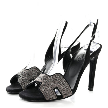 Hermes Suede Goatskin Dabka Embroidered Chevron Holy 105 Sandals 36 Black 3 of 10