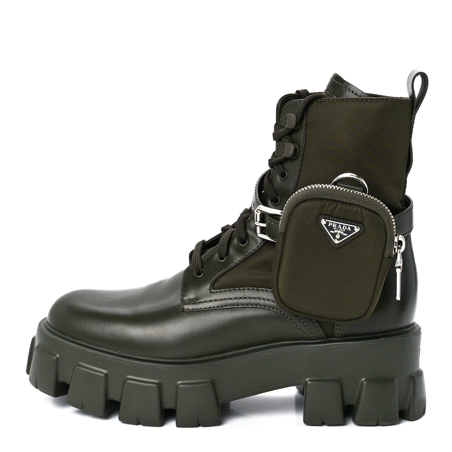 Prada Spazzolato Rois Re-Nylon Metal Triangle Logo Monolith Pouch Pocket 55mm Boots 39.5 Militare 1 of 11