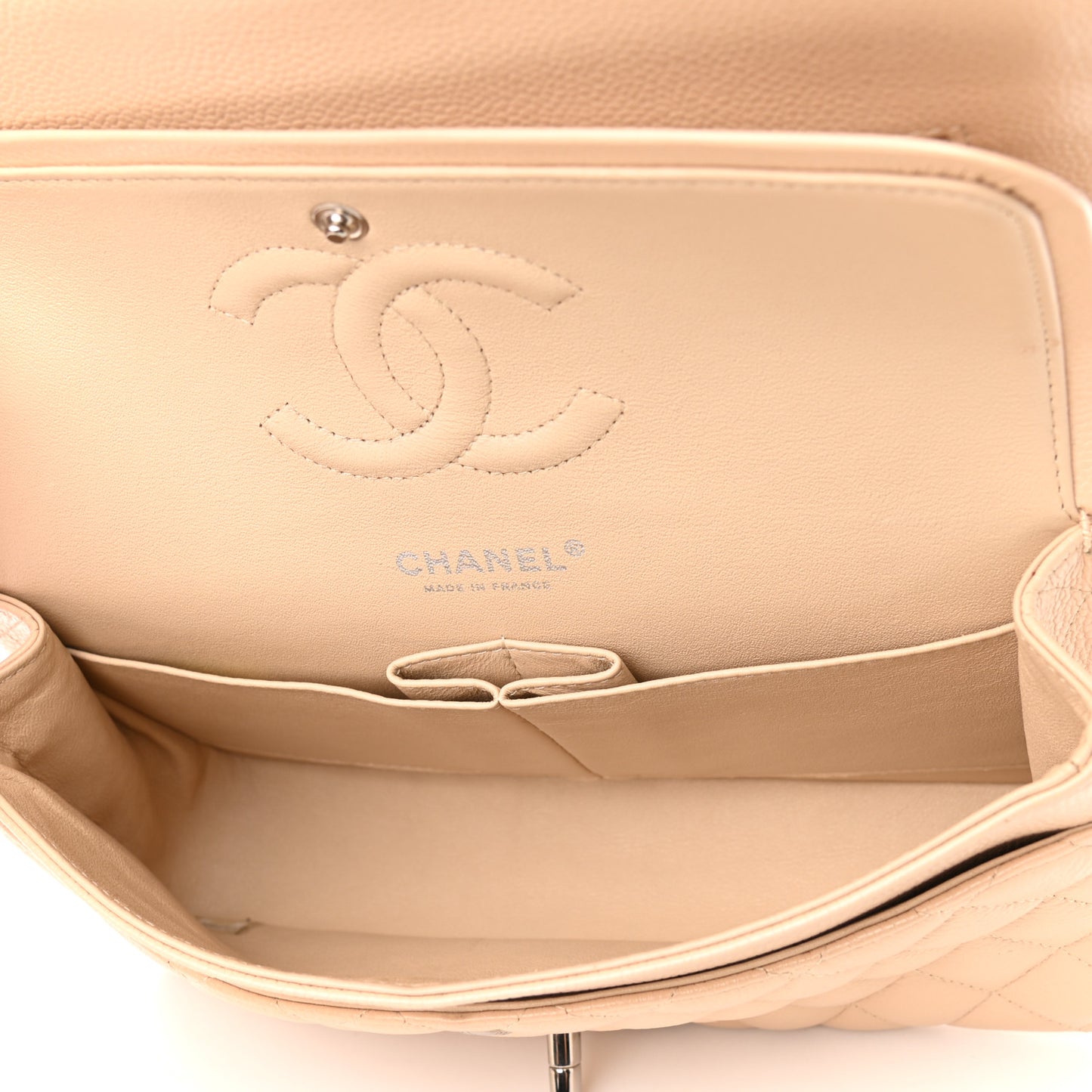 Caviar Quilted Medium Double Flap Beige