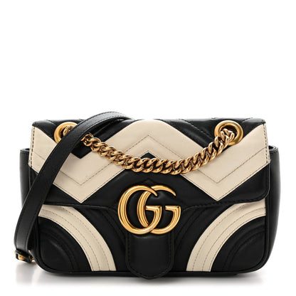 Gucci Calfskin Matelasse Mini GG Marmont Shoulder Bag Black White 1 of 10