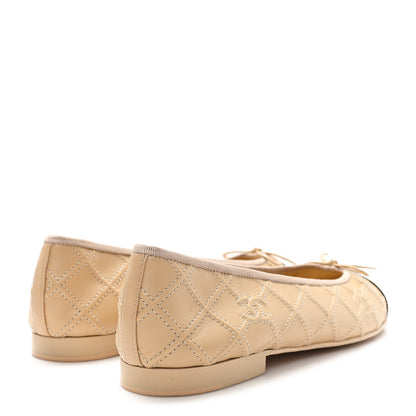 Chanel Lambskin Patent Double Stitched CC Cap Toe Ballerina Flats 41 Beige Black 5 of 9