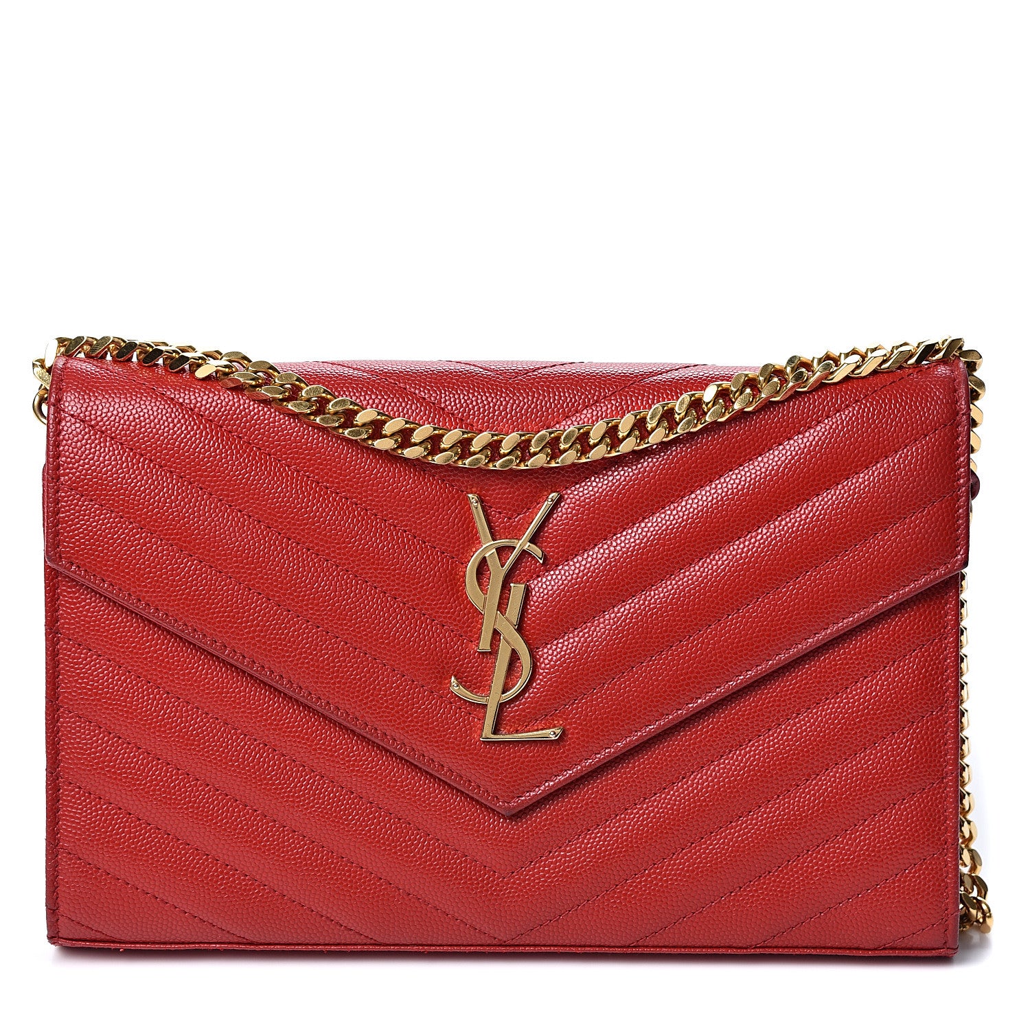 Saint Laurent Grain De Poudre Matelasse Chevron Monogram Chain Wallet Red 1 of 10