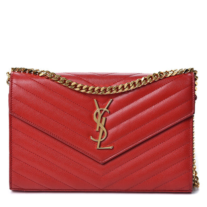 Saint Laurent Grain De Poudre Matelasse Chevron Monogram Chain Wallet Red 1 of 10