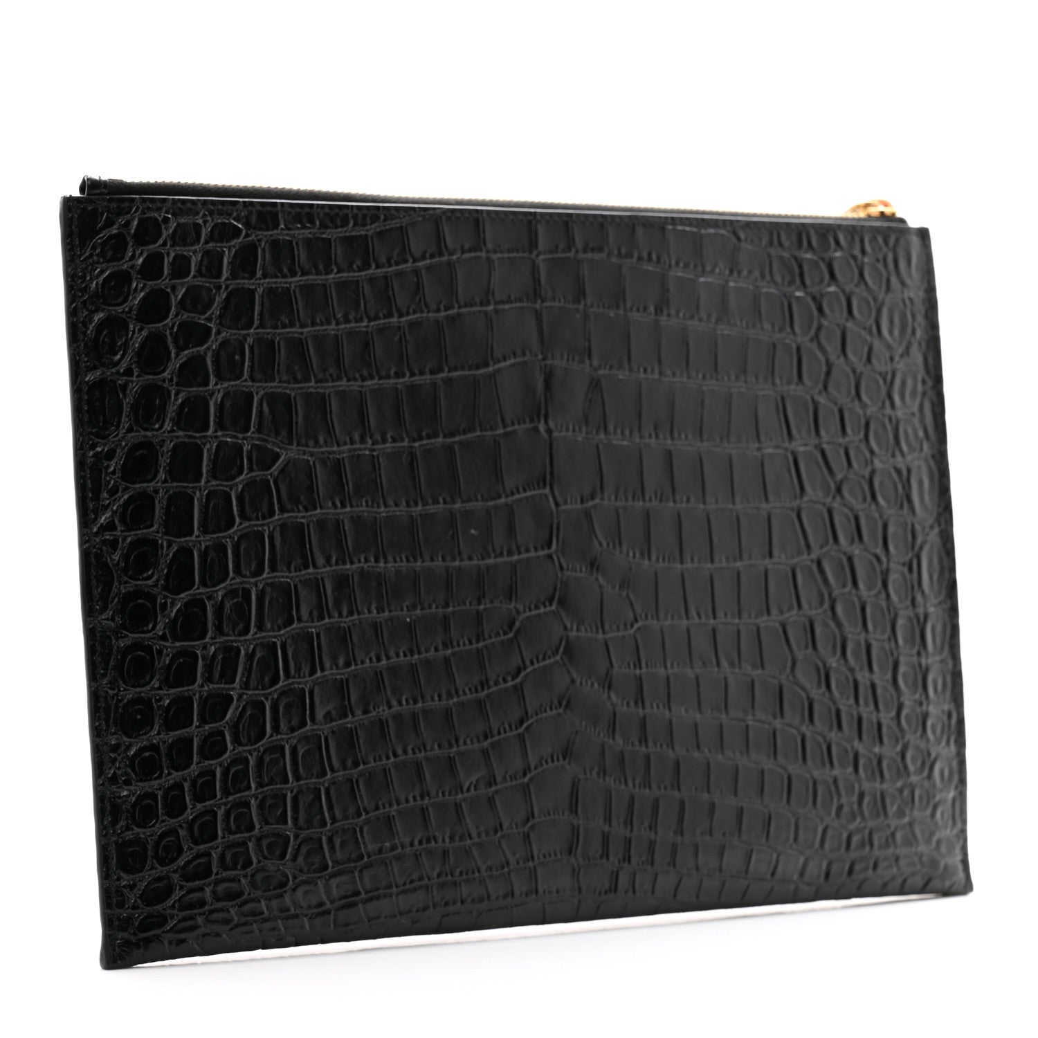 Saint Laurent Calfskin Crocodile Embossed Tiny Monogram Zipped Tablet Holder Black 3 of 9