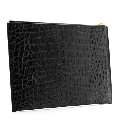 Saint Laurent Calfskin Crocodile Embossed Tiny Monogram Zipped Tablet Holder Black 3 of 9
