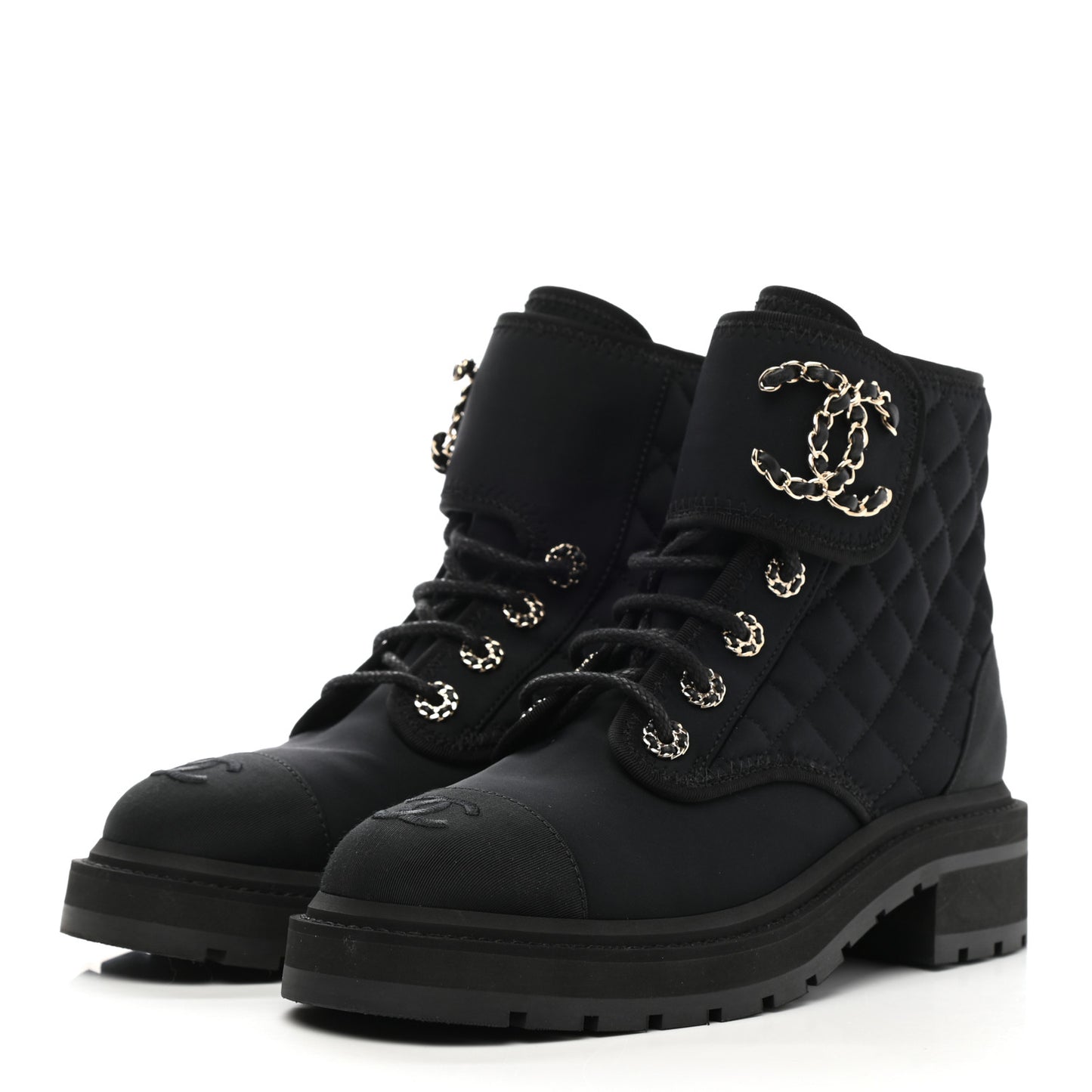 Fabric Grosgrain Quilted Cap Toe Lace Up Combat Boots 38 Black
