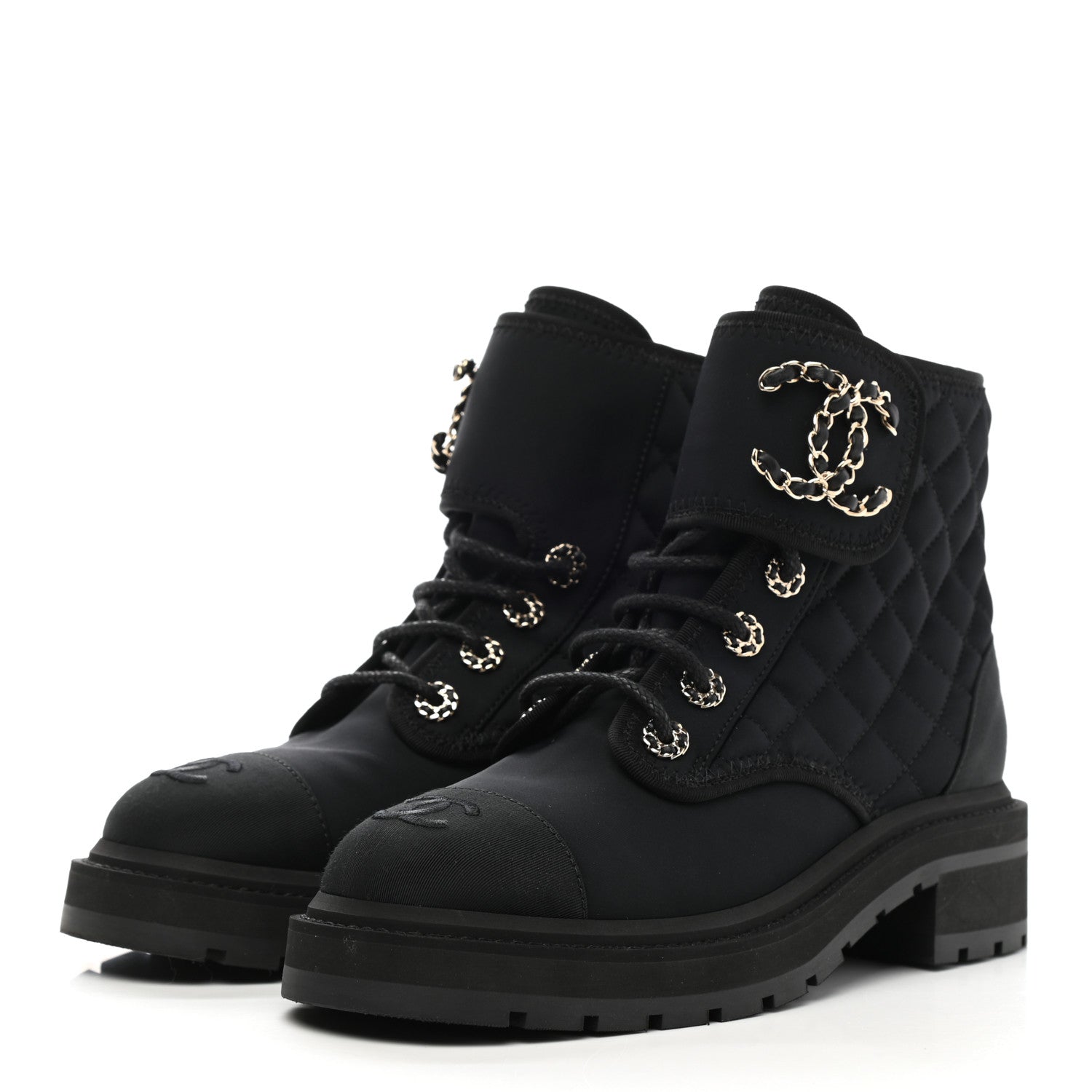 Chanel Fabric Grosgrain Quilted Cap Toe Lace Up Combat Boots 38 Black 3 of 8