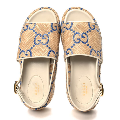 Gucci Raffia GG Monogram Granada Kid Angelina Platform 35mm Slingback Sandals 37.5 Natural Royale Mystic White 2 of 10