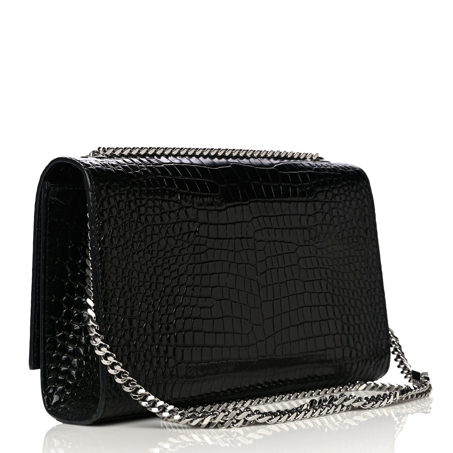 Saint Laurent Calfskin Crocodile Embossed Medium Classic Monogram Kate Tassel Satchel Black 3 of 9