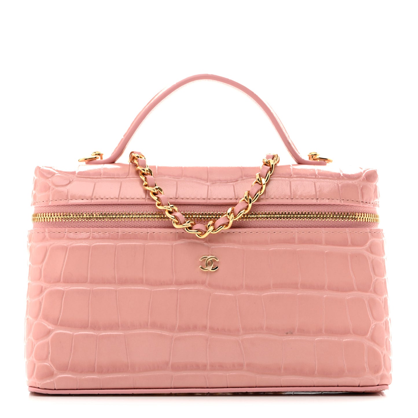 Calfskin Crocodile Embossed Crococo Top Handle Slim Vanity Case With Chain Pink