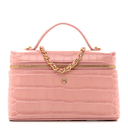 Chanel Calfskin Crocodile Embossed Crococo Top Handle Slim Vanity Case With Chain Pink 1 of 13