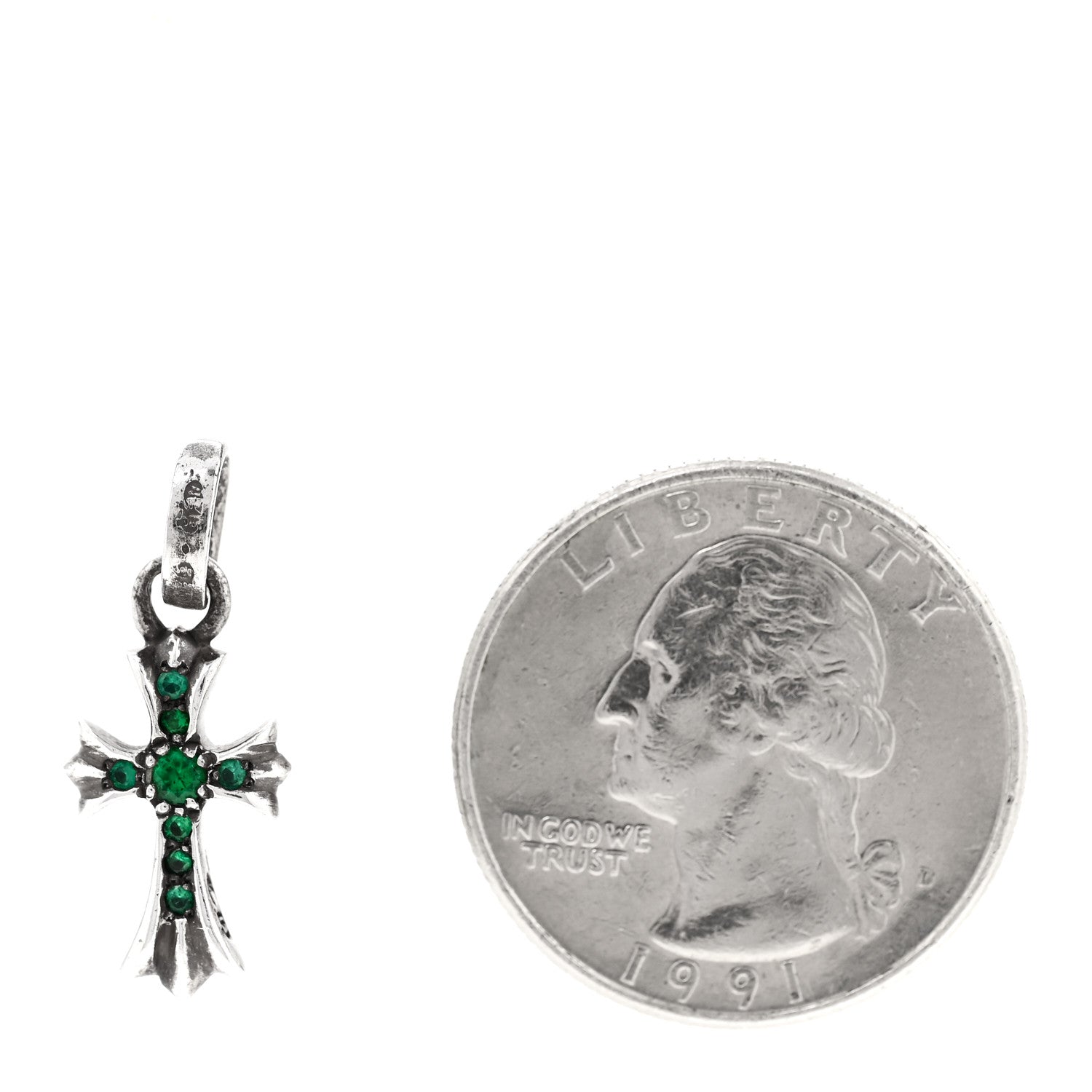Chrome Hearts Sterling Silver Emerald Baby Fat Cross Pendant