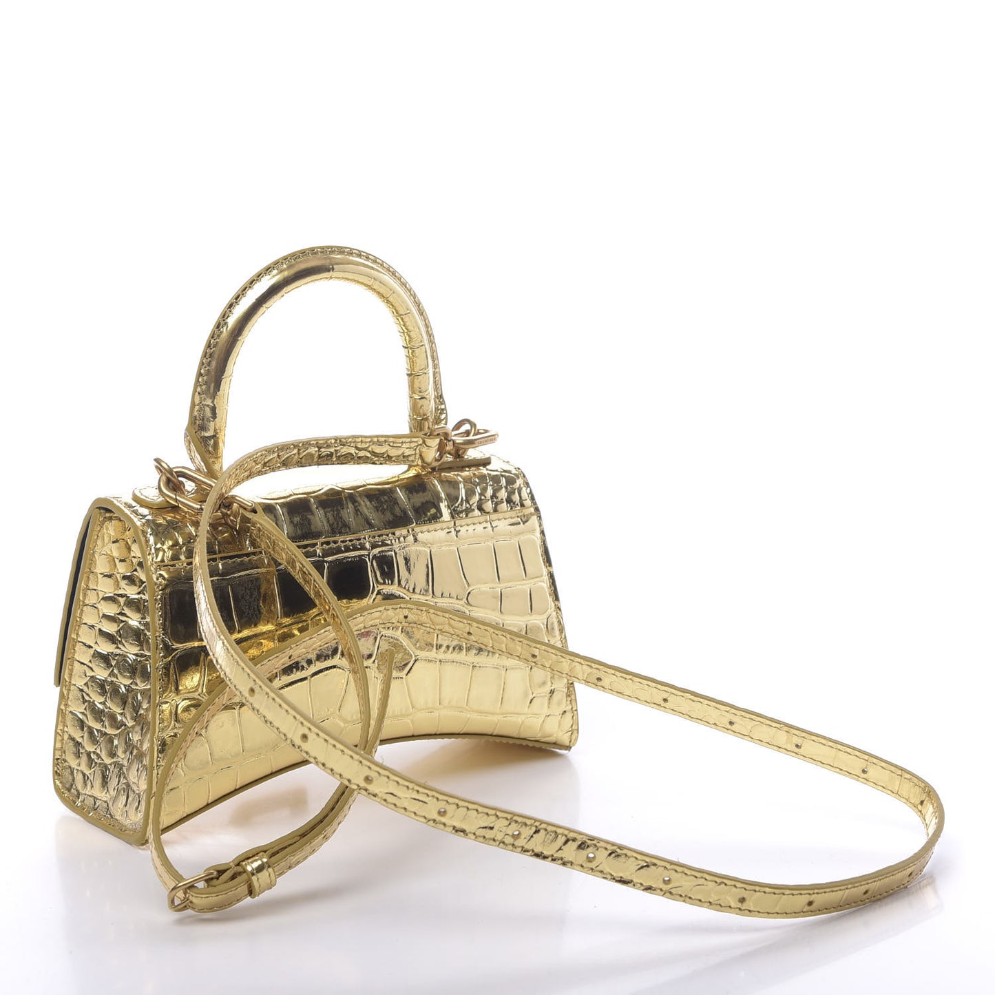 Metallic Calfskin Crocodile Embossed Hourglass Top Handle Bag XS Gold