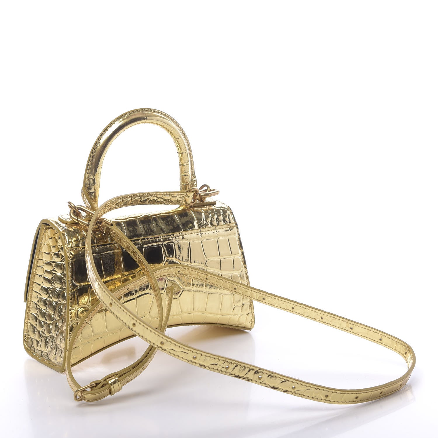 Balenciaga Metallic Calfskin Crocodile Embossed Hourglass Top Handle Bag XS Gold 3 of 10