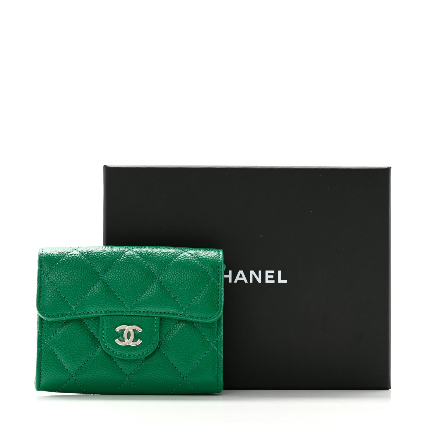 Caviar Quilted Flap Card Holder Wallet Green
