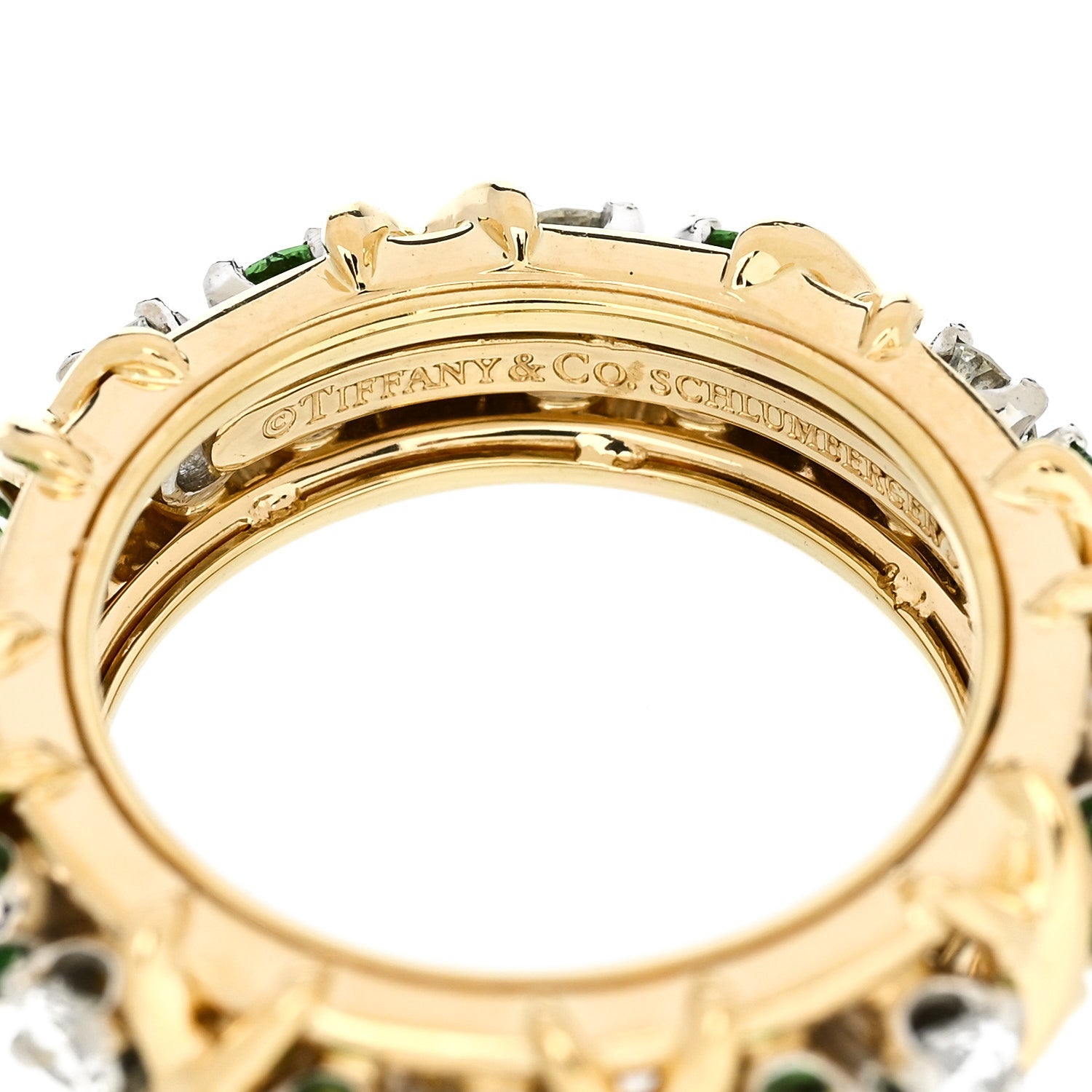 Tiffany 18K Yellow Gold Platinum Diamond Tsavorite Schlumberger Sixteen Stone Ring 49 5 4 of 6