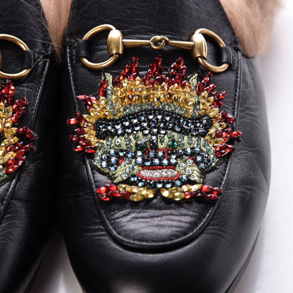 Gucci Malaga Kid Fur Crystal Dragon Embroidered Womens Princetown Slippers 35 Black 14 of 15
