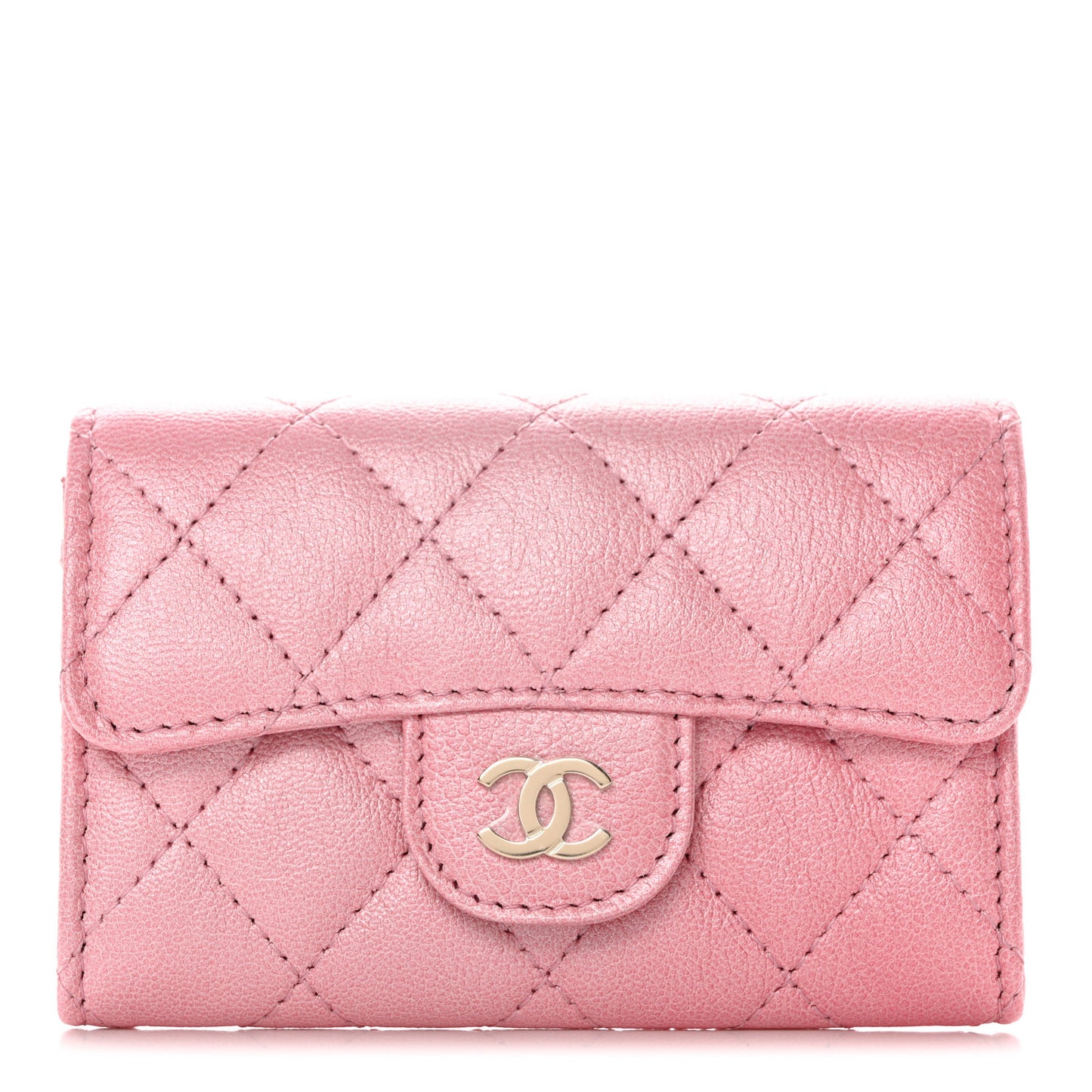 Cloudy Pearly Goatskin Quilted Flap Card Holder Wallet Pink