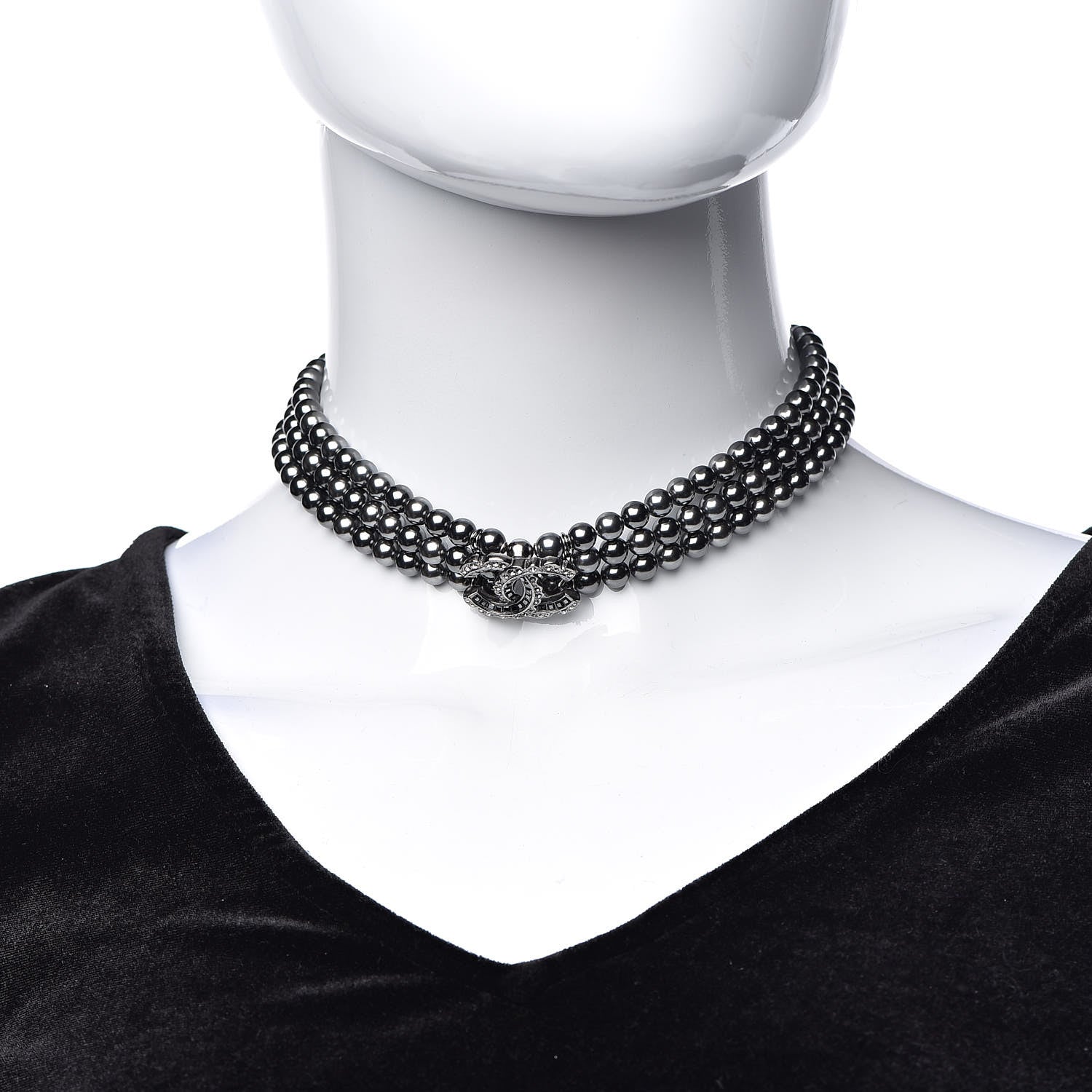 Chanel Ruthenium Beaded Crystal CC Chain Choker Necklace Grey 2 of 6