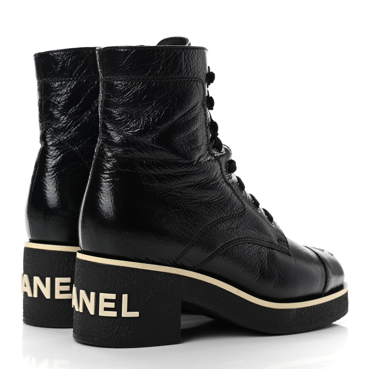 Shiny Crumpled Lambskin Lace Up Combat Boots 37.5 Black