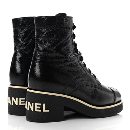 Chanel Shiny Crumpled Lambskin Lace Up Combat Boots 37.5 Black 4 of 9