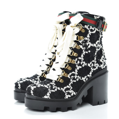 Gucci Tweed GG Monogram Lace Up Combat Ankle Boots 36 Black 3 of 9