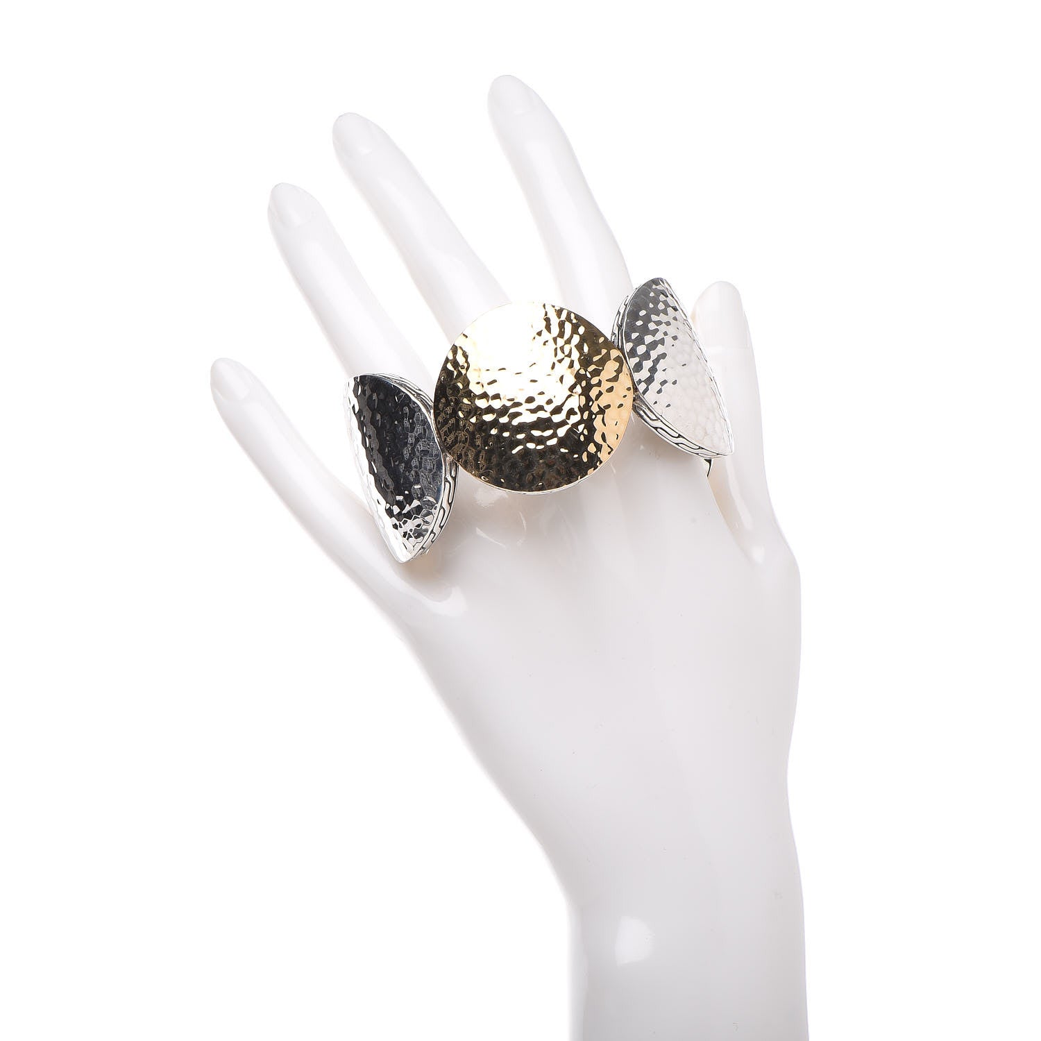 John Hardy Sterling Silver 18K Yellow Gold Wide Hammered Dot Cuff Bracelet 2 of 5