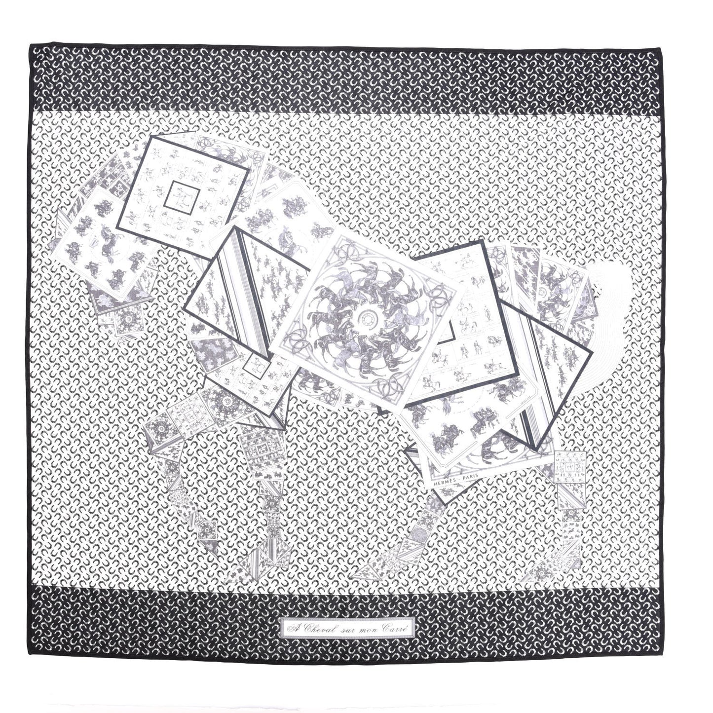 Silk A Cheval Sur Mon Carre Scarf 90 Black White