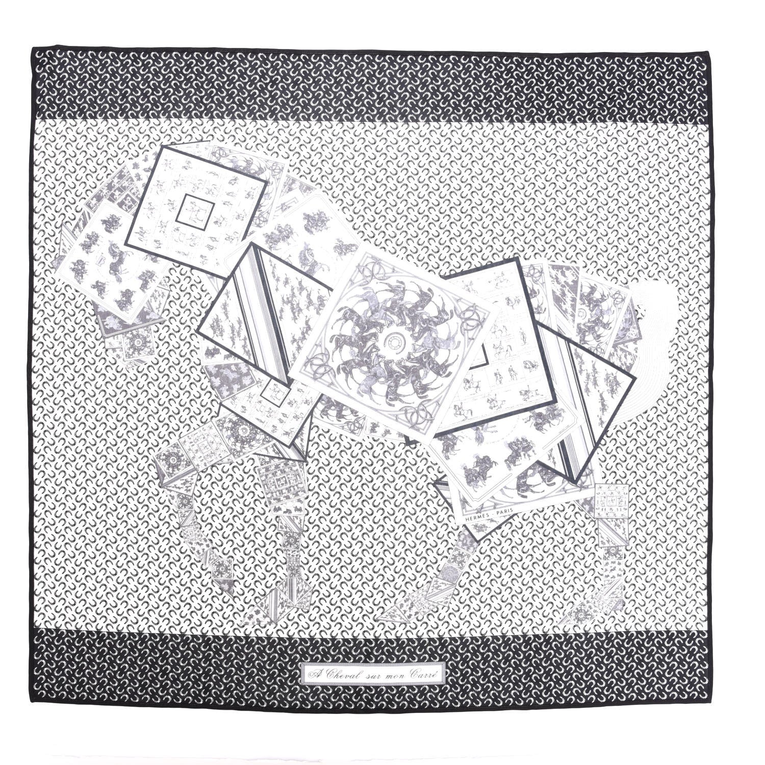 Hermes Silk A Cheval Sur Mon Carre Scarf 90 Black White 1 of 6