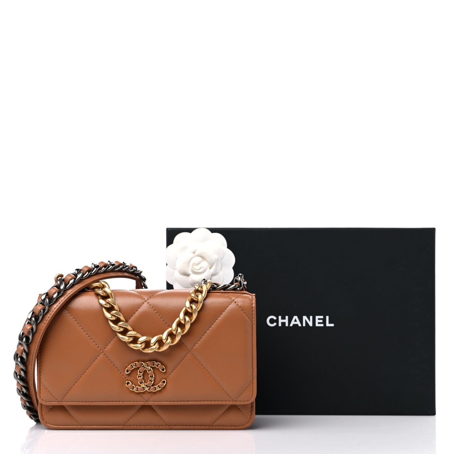 Lambskin Quilted Chanel 19 Wallet On Chain WOC Brown