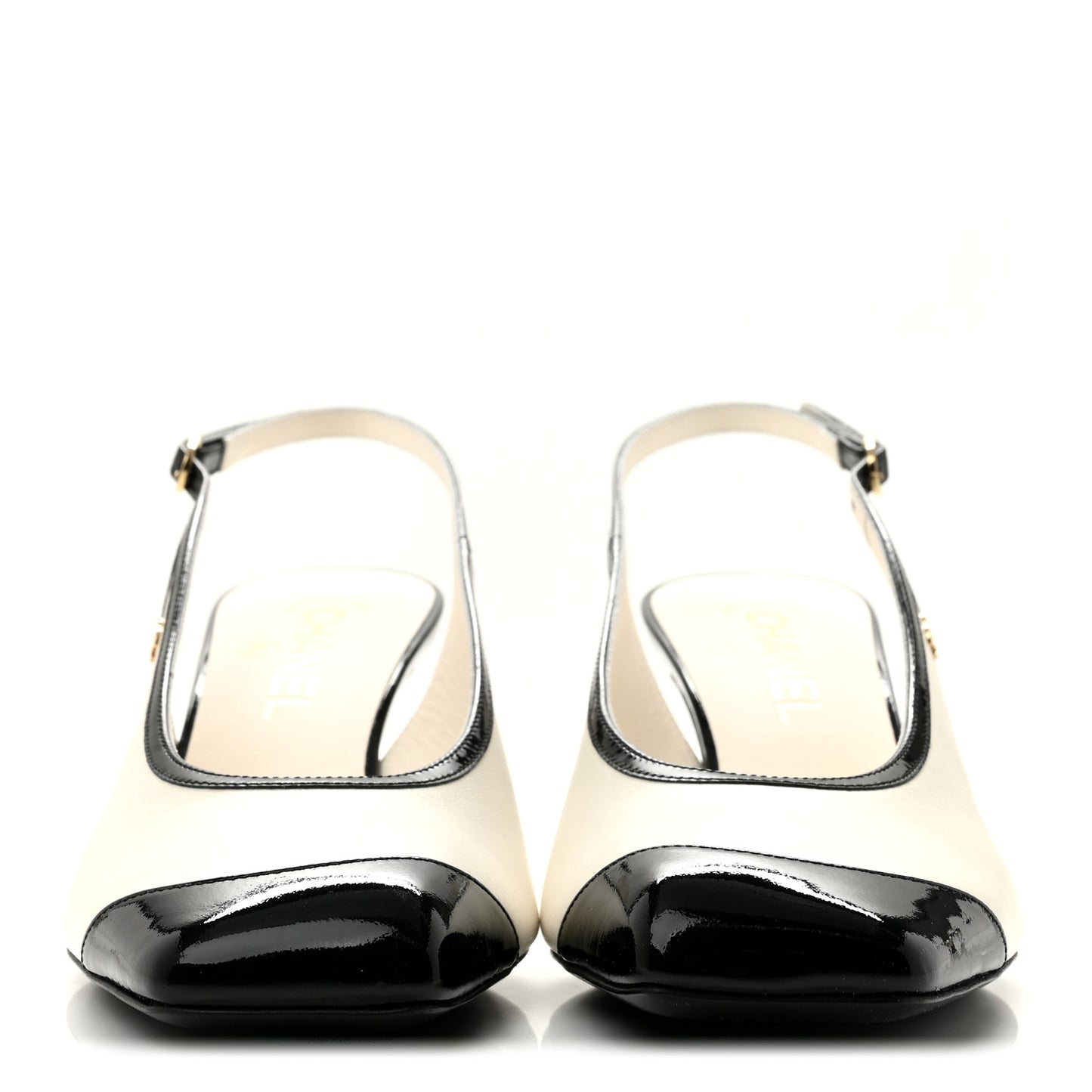Lambskin Patent Calfskin Cap Toe CC Slingback Pumps 38.5 White Black