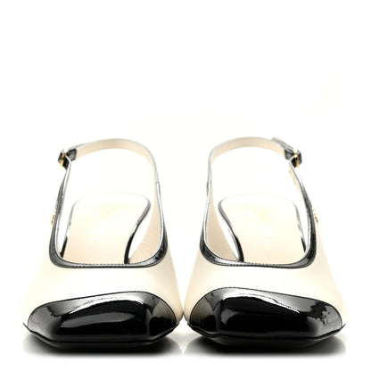 Chanel Lambskin Patent Calfskin Cap Toe CC Slingback Pumps 38.5 White Black 3 of 10