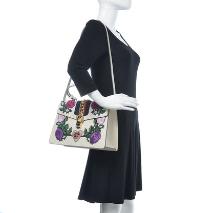 Gucci Calfskin Embroidered Medium Sylvie Top Handle Bag White 2 of 11
