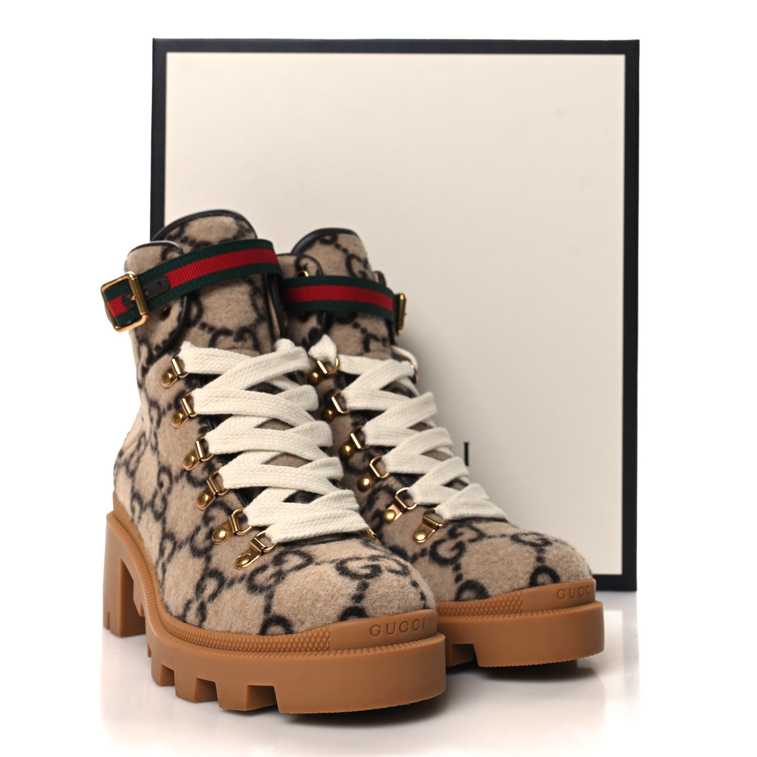Gucci Covered Wool Big GG Monogram Womens Lace Up Combat Ankle Boots 39 Beige Ebony Cocoa 9 of 9
