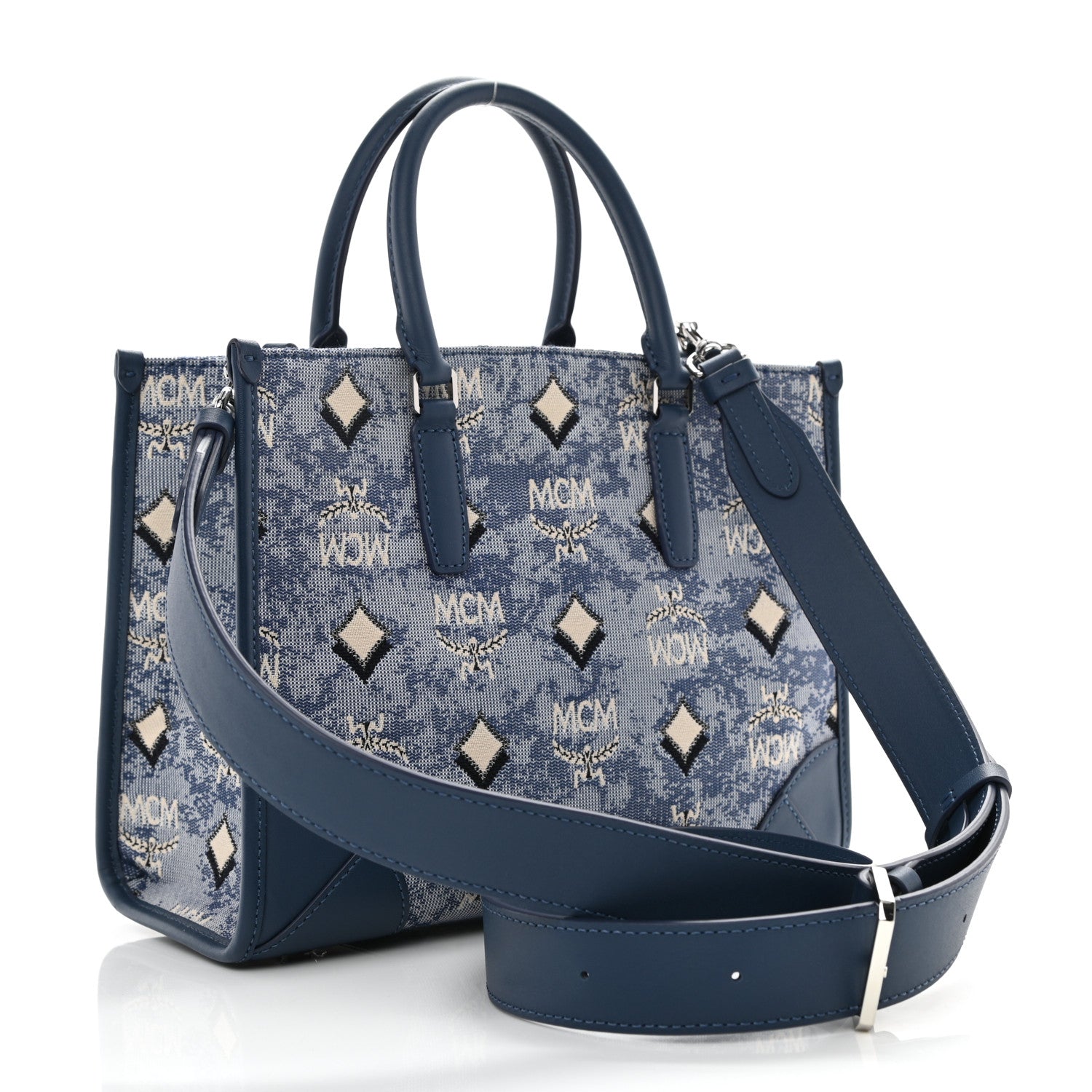 MCM Jacquard Monogram Small Tote Blue 3 of 8
