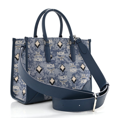 MCM Jacquard Monogram Small Tote Blue 3 of 8