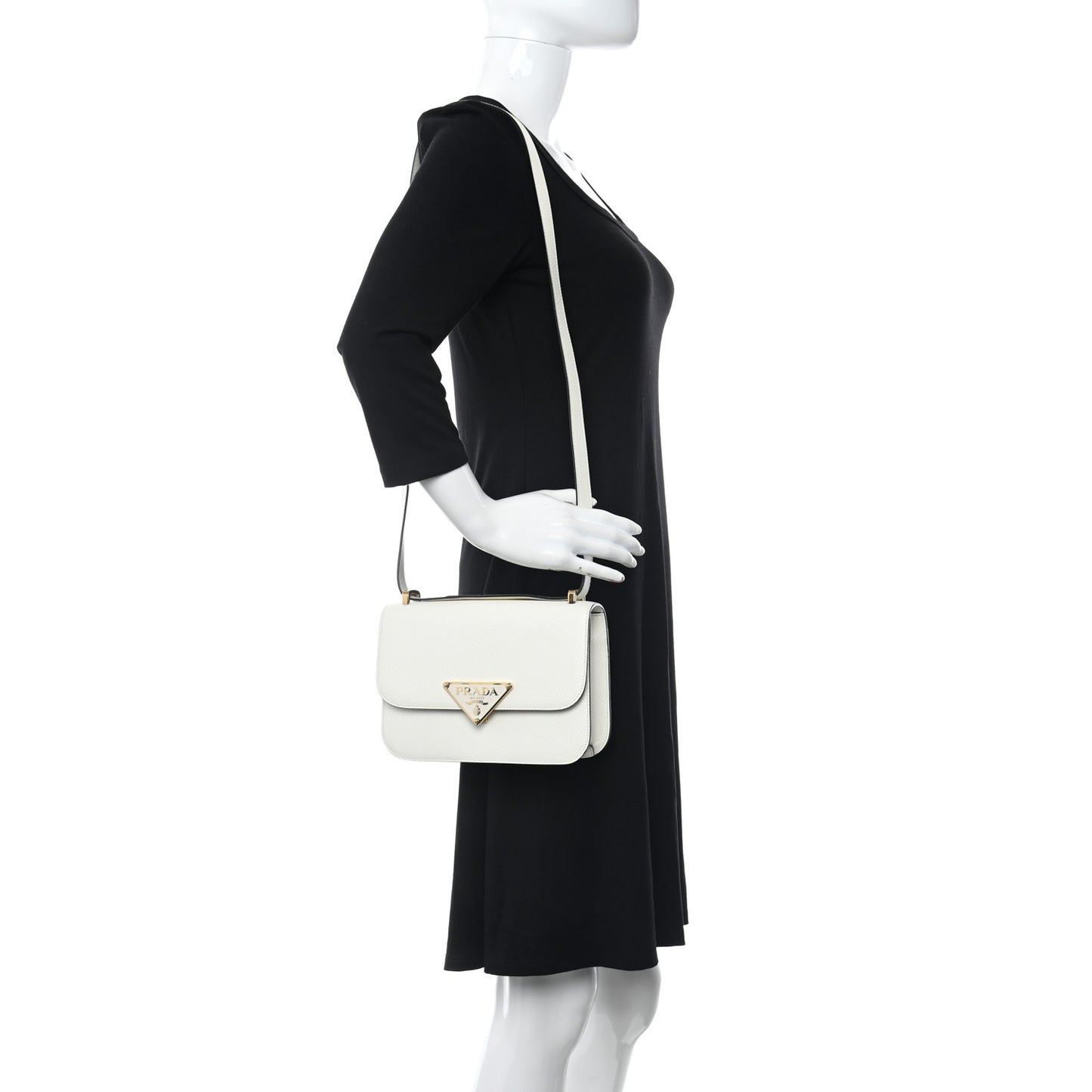 Saffiano Cuir Triangle Embleme Flap Shoulder Bag White
