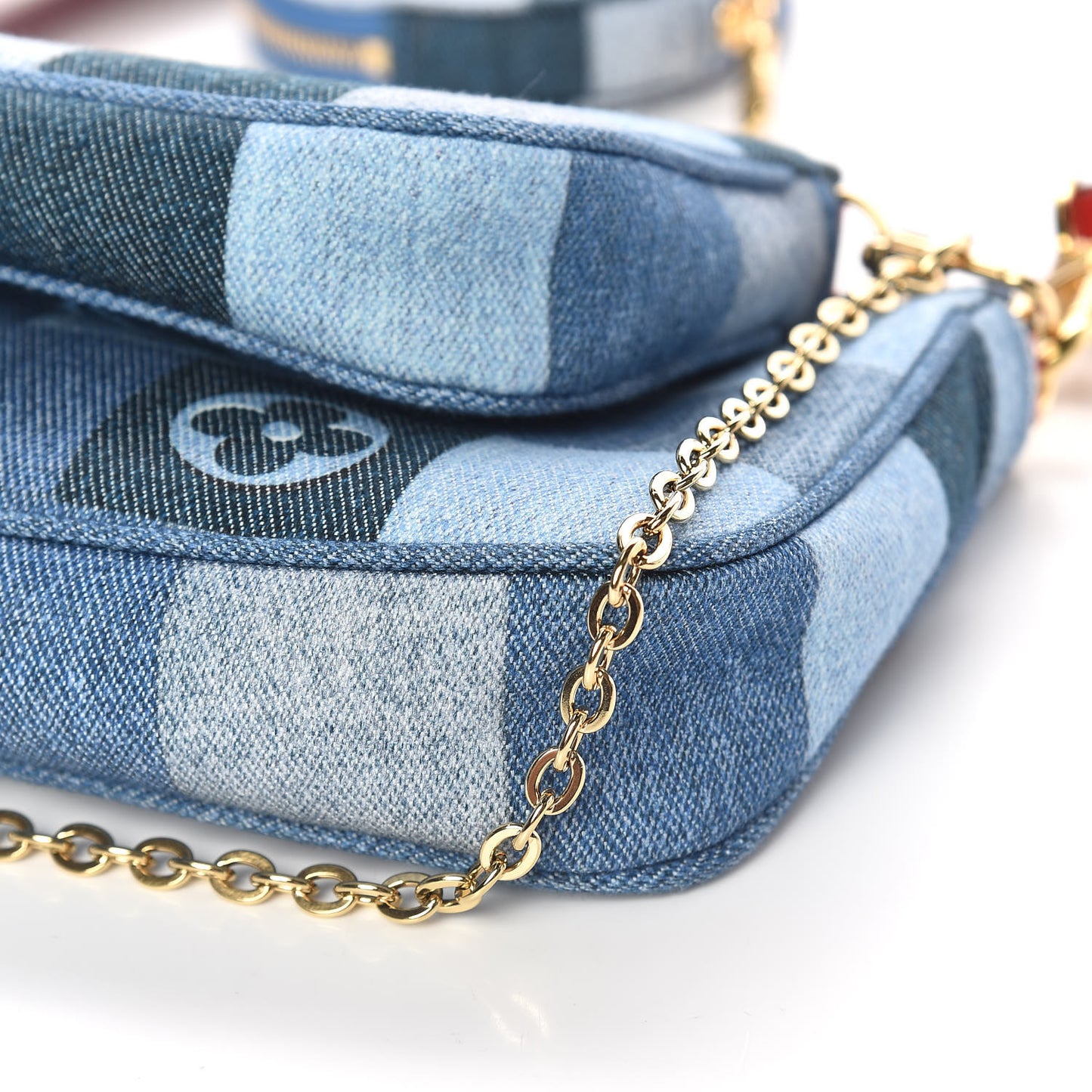 Denim Damier Monogram Patchwork Multi Pochette Accessories Blue Rouge
