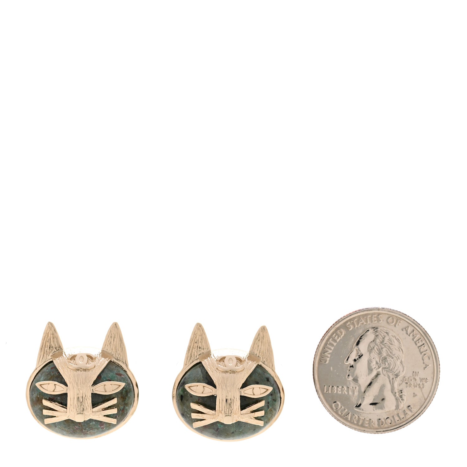 Chanel Metal Pyrite Cat Stud Earrings Green Gold 2 of 5