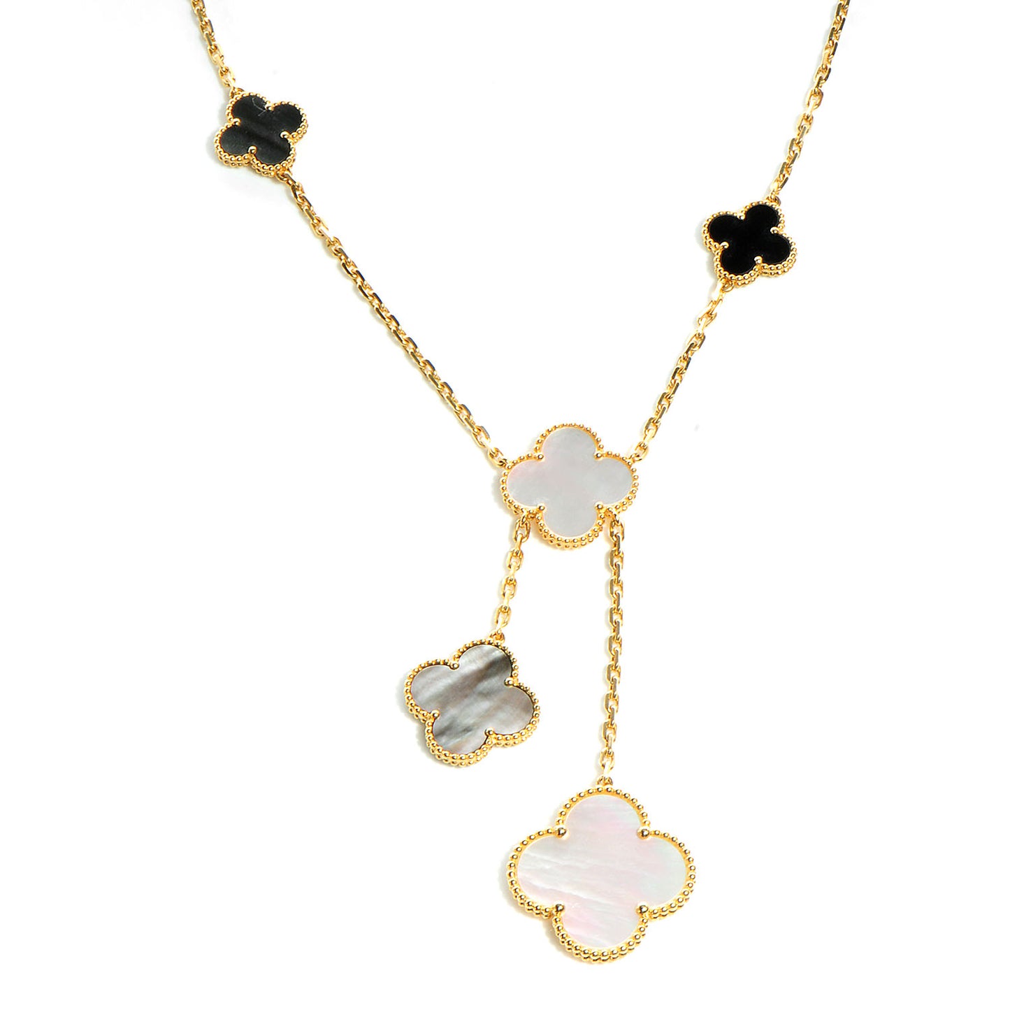 18K Yellow Gold Mother of Pearl Onyx 6 Motifs Magic Alhambra Necklace