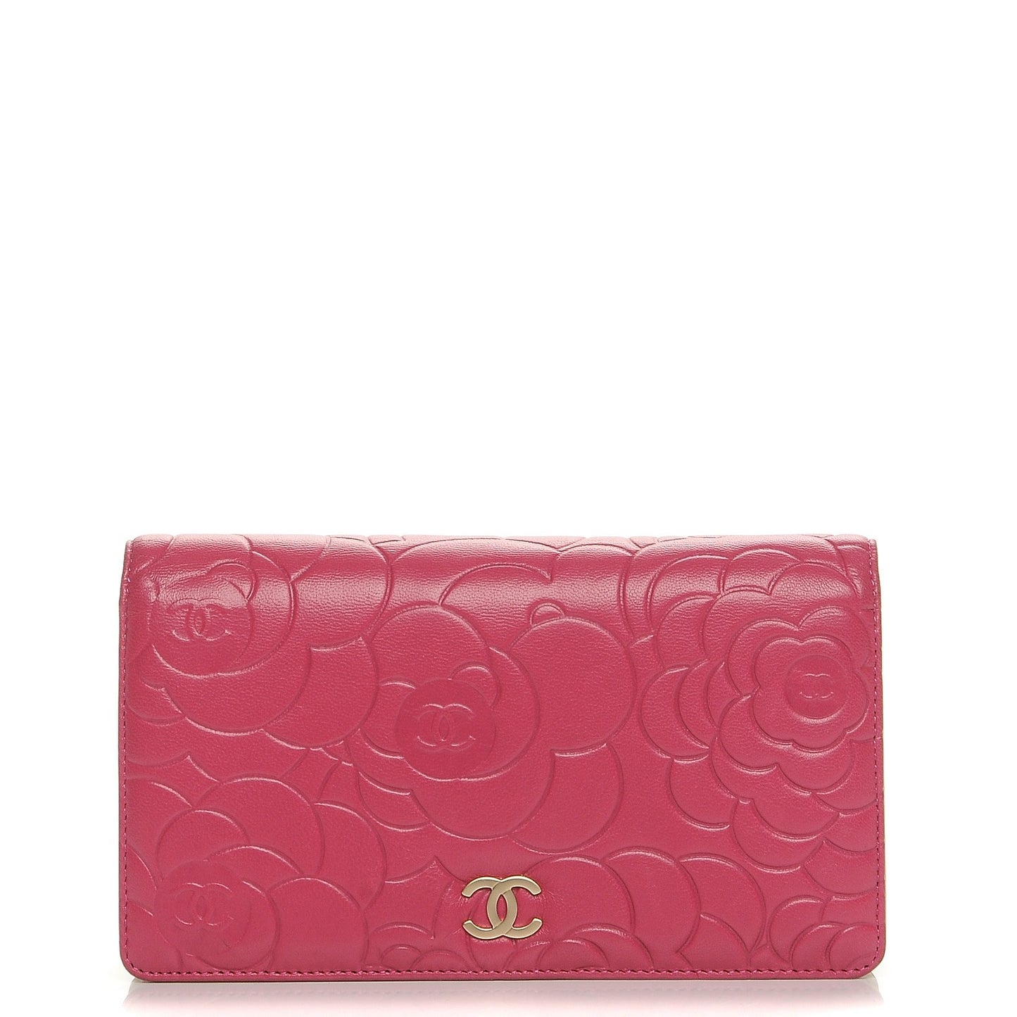 Lambskin Camellia Embossed Yen Wallet Fuchsia