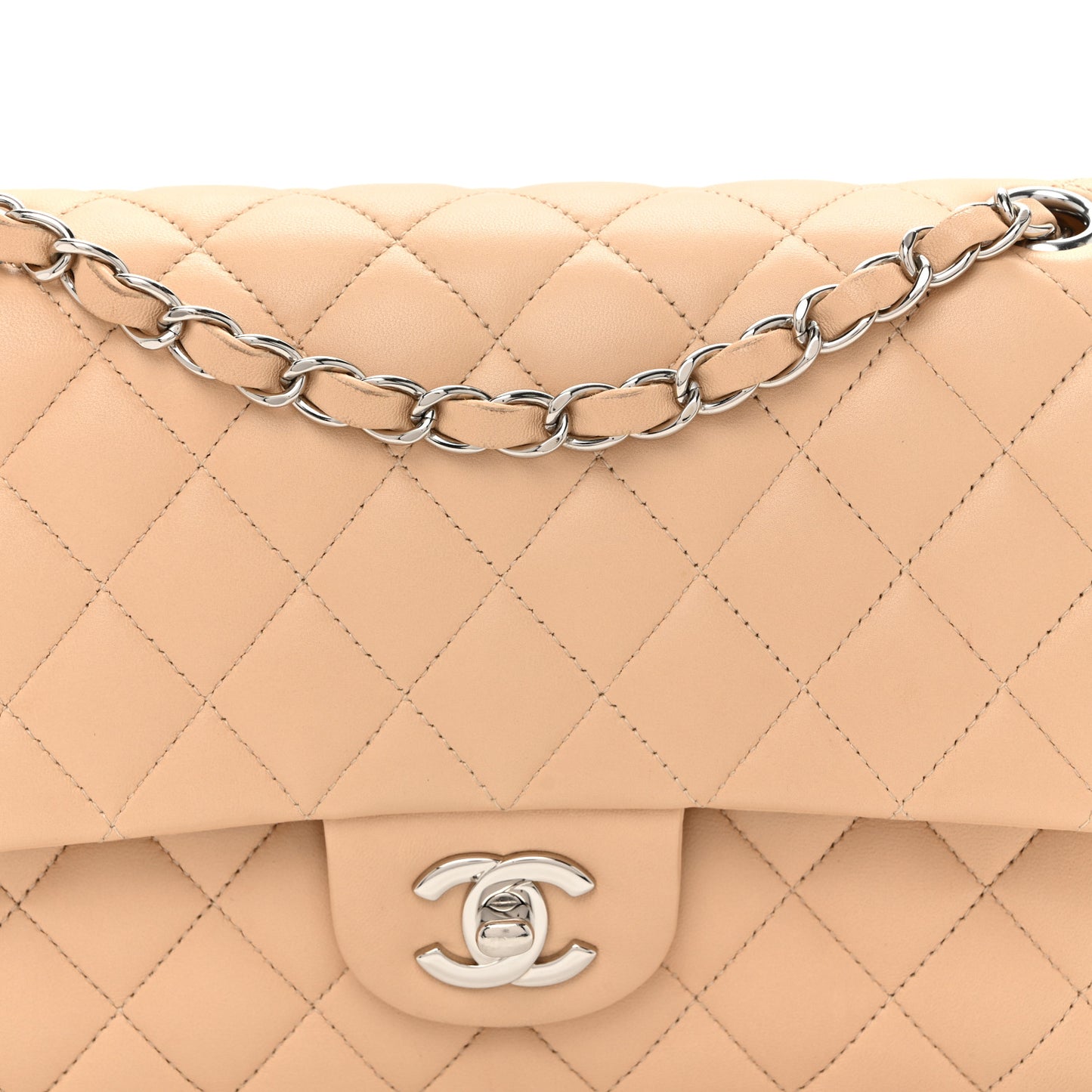 Lambskin Quilted Medium Double Flap Beige